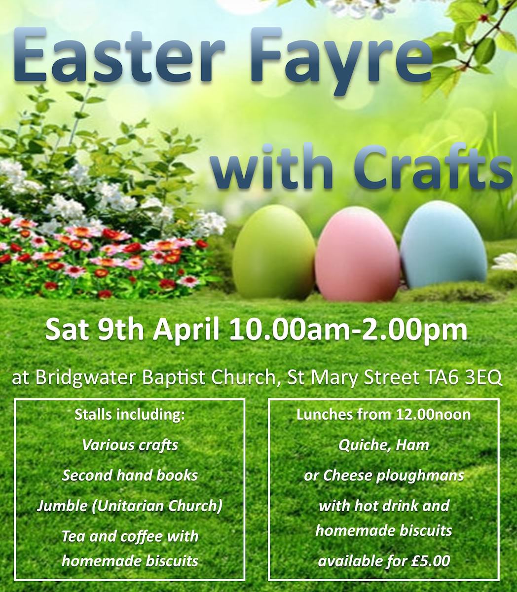 Easter Fayre with Crafts - Saturday, 9th April 10am to 2pm. Stalls. Lunch from 12 noon, £5.
